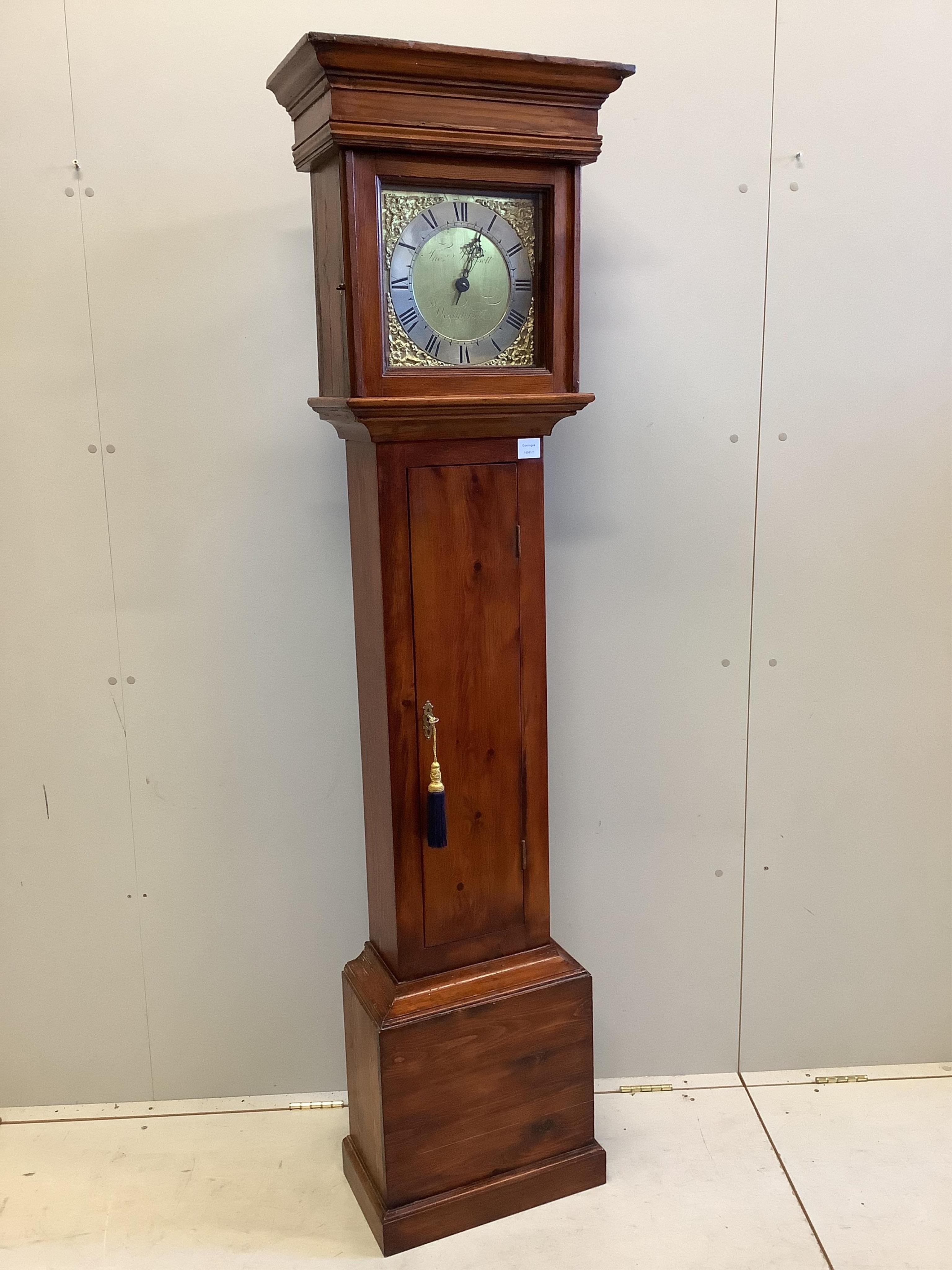 Thomas Bassett, Wadhurst, an 18th century pine thirty hour longcase clock with 10 inch brass dial, height 188cm. Condition - good.